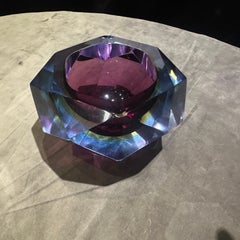 1970s Modern Purple Blue and Yellow Faceted Murano Glass Ashtray by Seguso