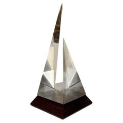 1970s Modern Pyramid Sailboat Sculpture in Lucite with Solid Rosewood Base
