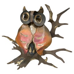 1970s Modern Sculptural Brutalist Brass Owl Metal Wall Art
