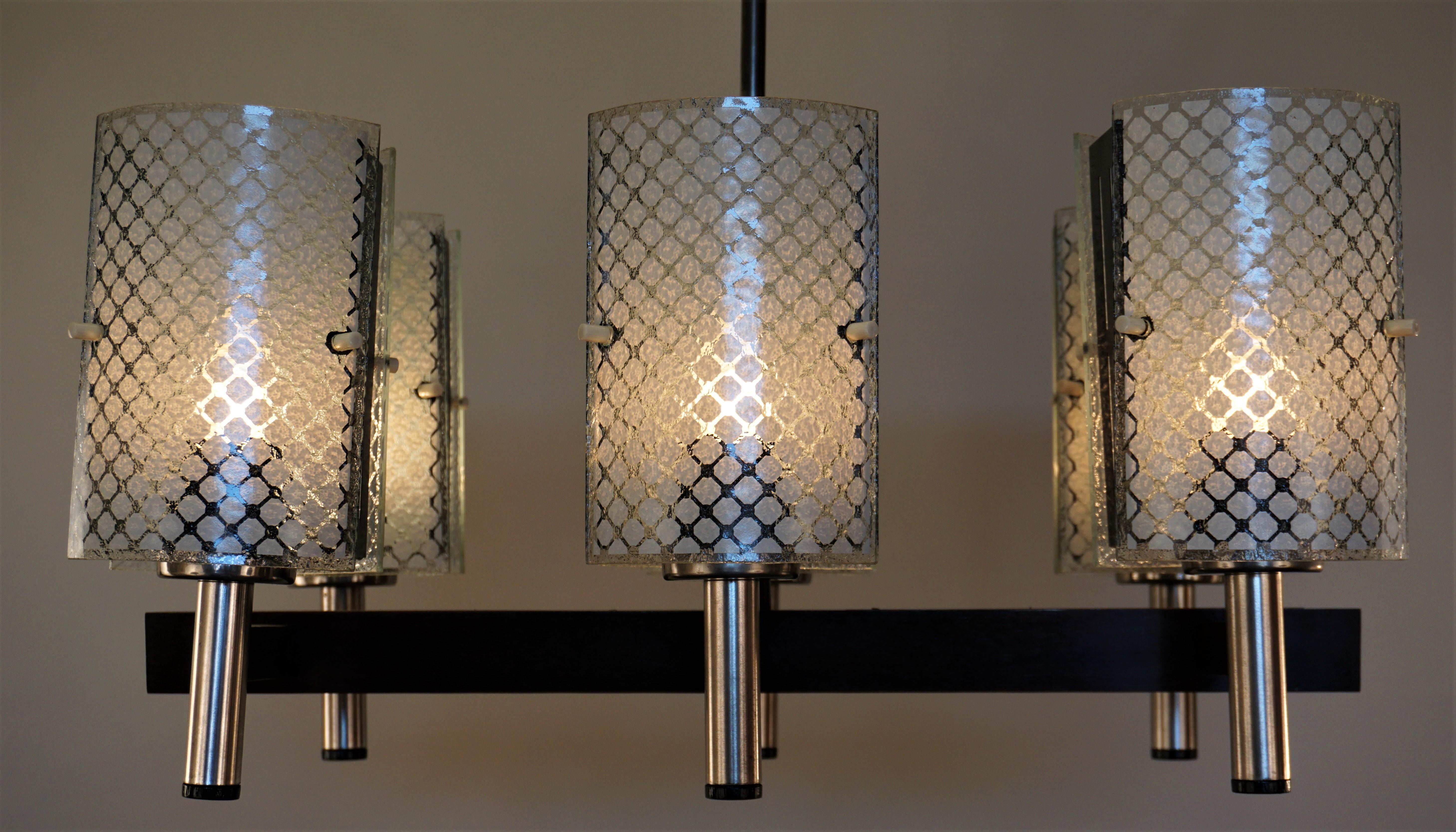 Textured glass rare six-light with wood, black lacquered and brushed nickel chandelier.