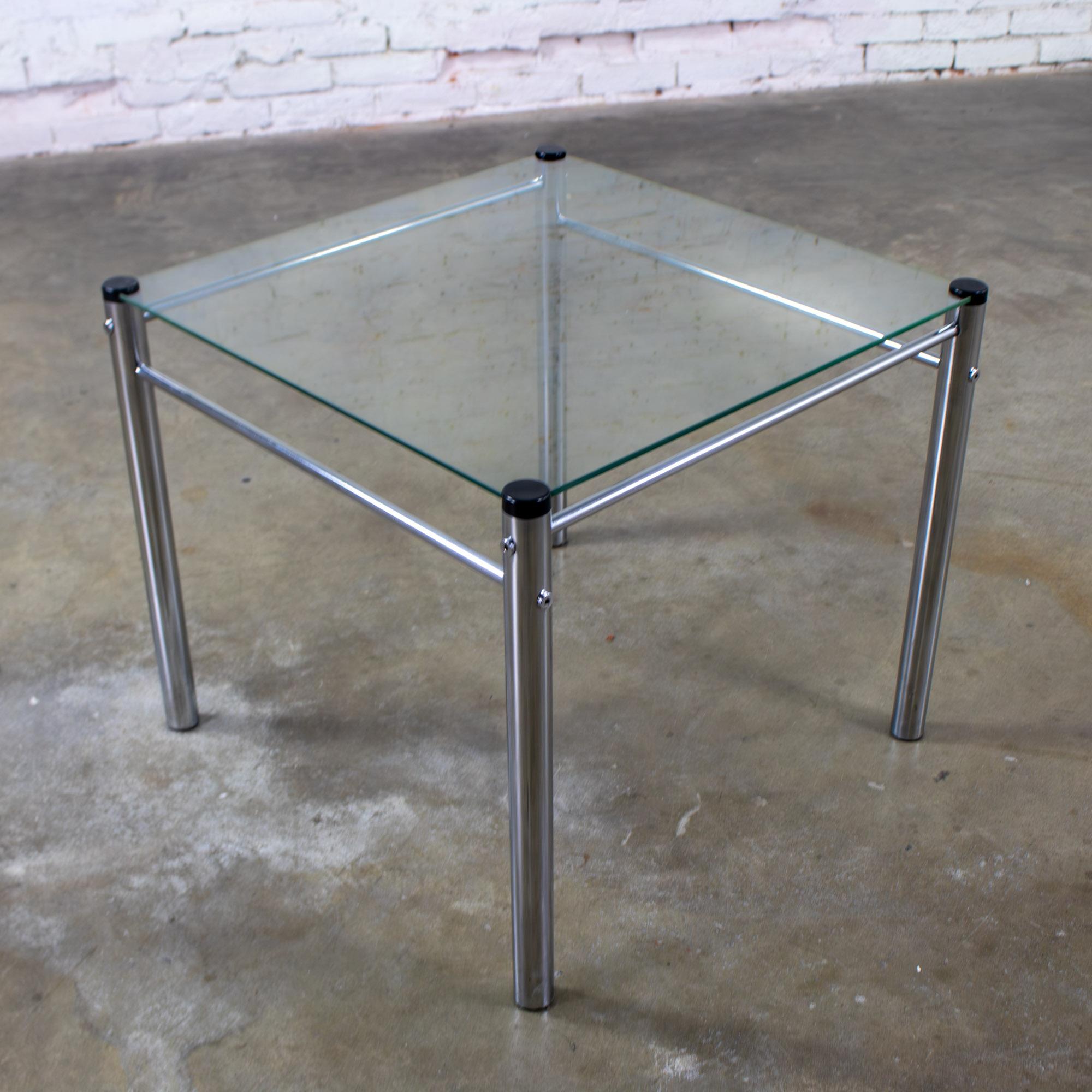 American 1970’s Modern Square End Side Table by James David Chrome Tube Frame Glass Top For Sale