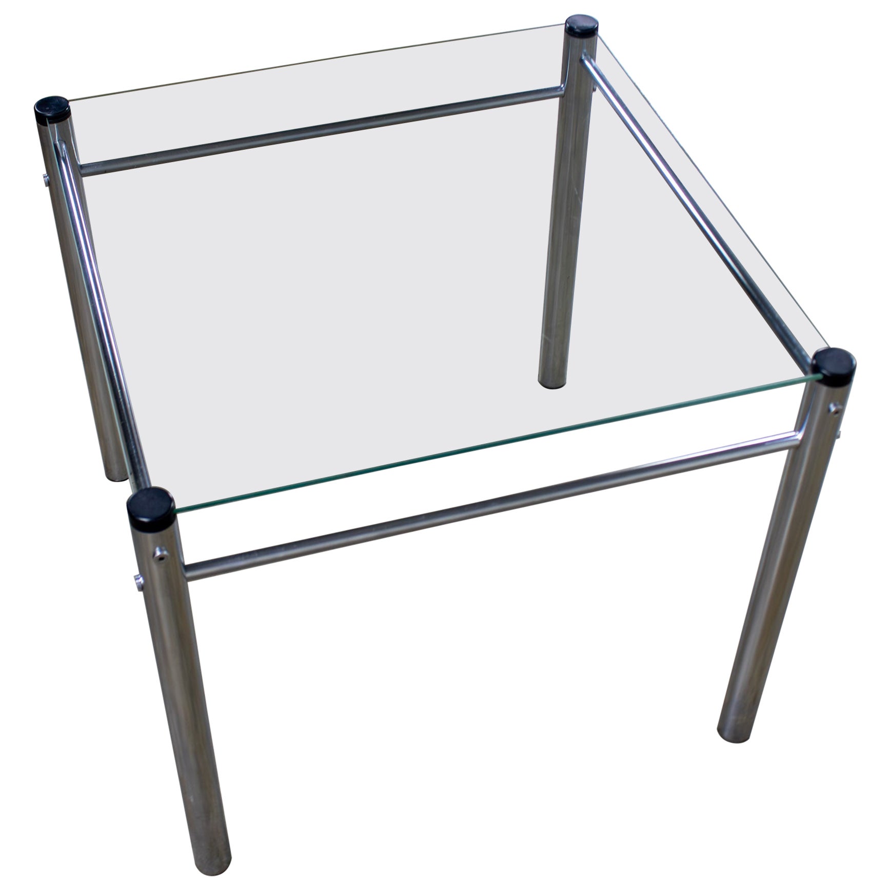 1970’s Modern Square End Side Table by James David Chrome Tube Frame Glass Top For Sale