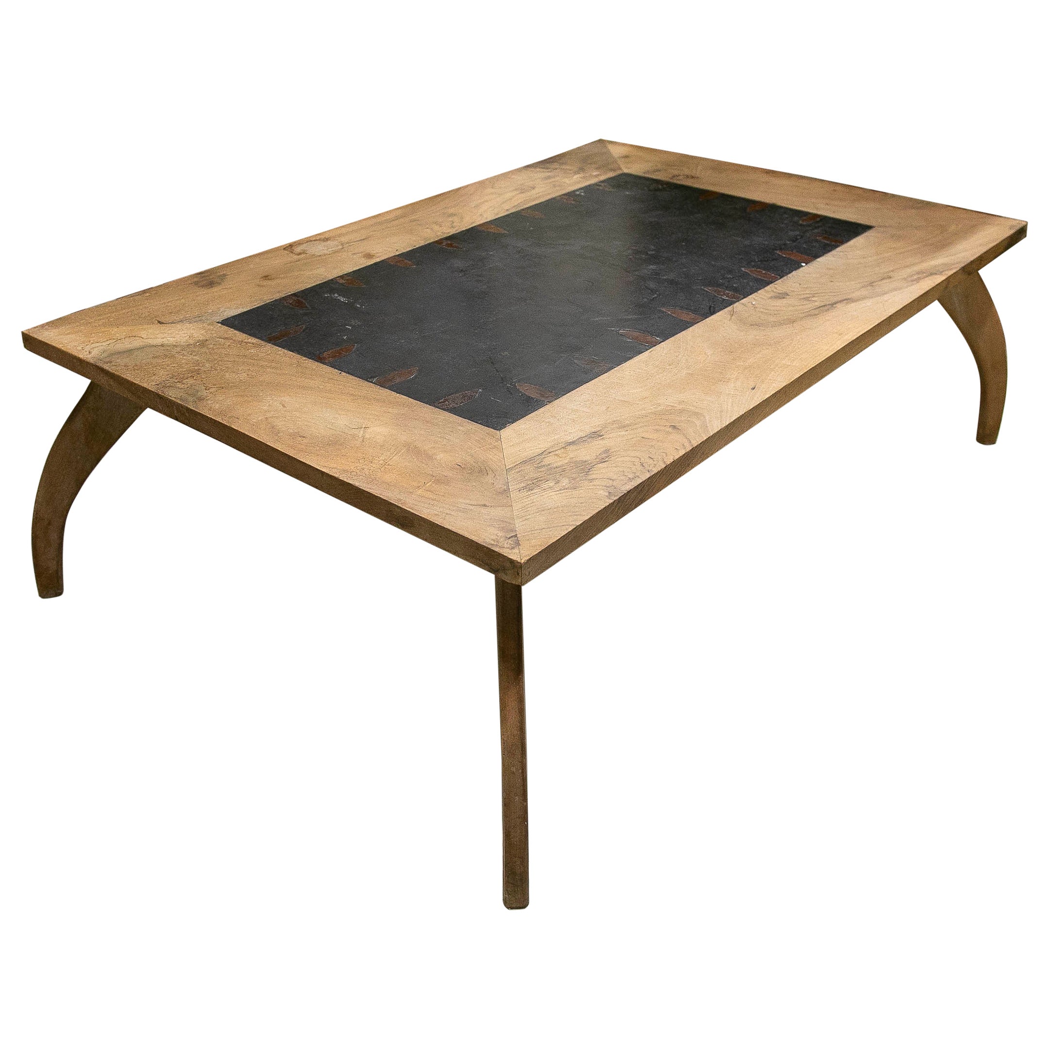 1970s Modern Style Coffee Table in Solid Wood with Veneered Central Tabletop
