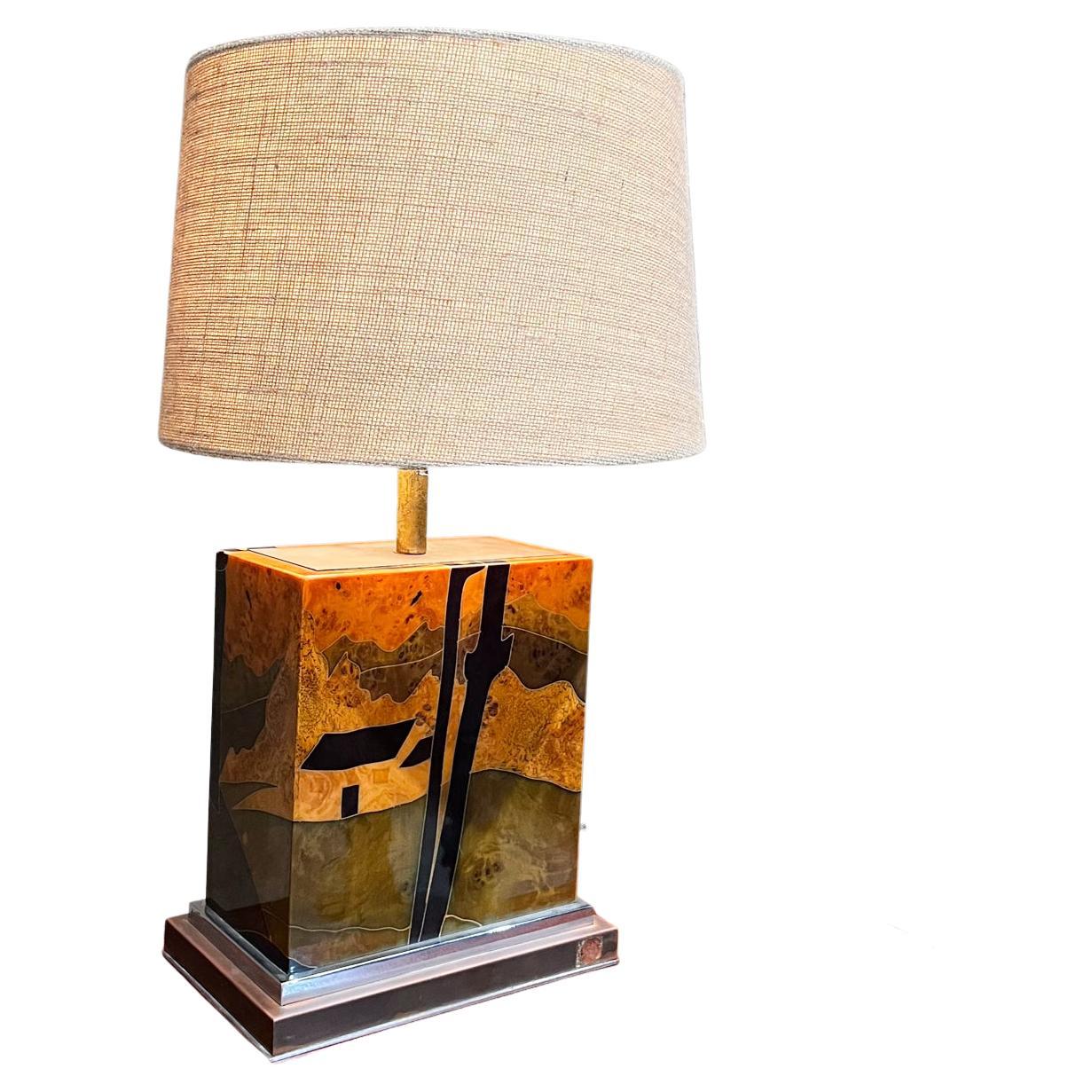 Lampe de bureau française des années 1970, chrome et bois de ronce Jean Claude Mahey  en vente