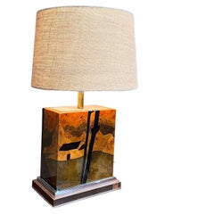1970s Modern Table Lamp Lacquer Chrome & Burlwood by Jean Claude Mahey France