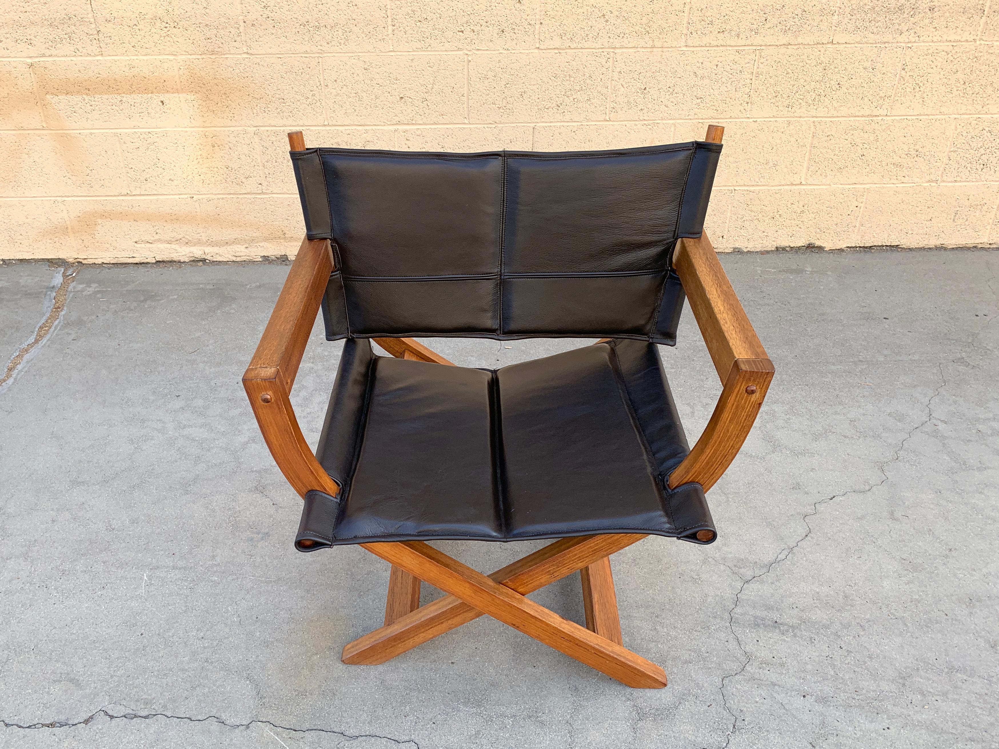 1970s Modern Teak and Leather Folding Chair, 