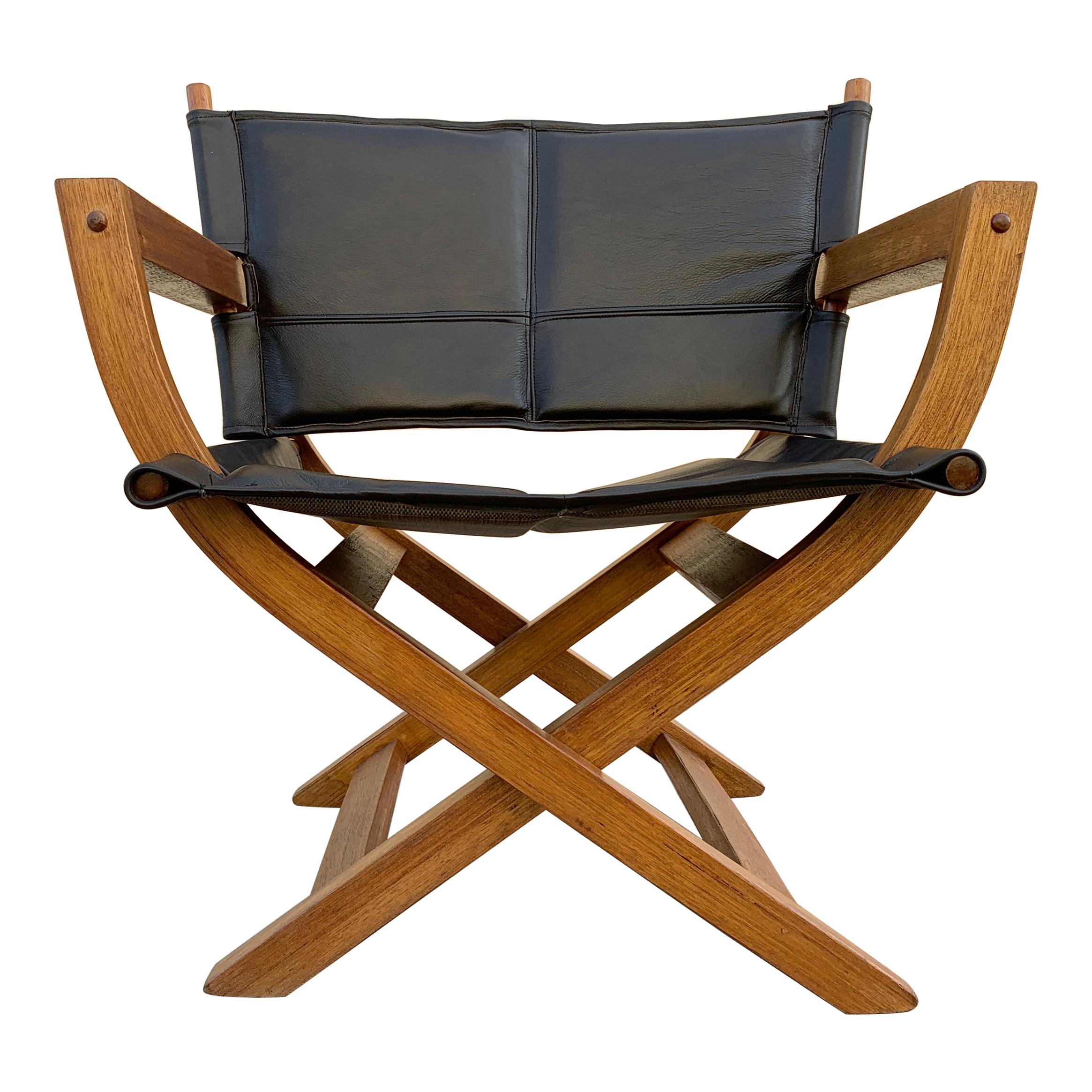 1970s Modern Teak and Leather Folding Chair, "Director's Style"