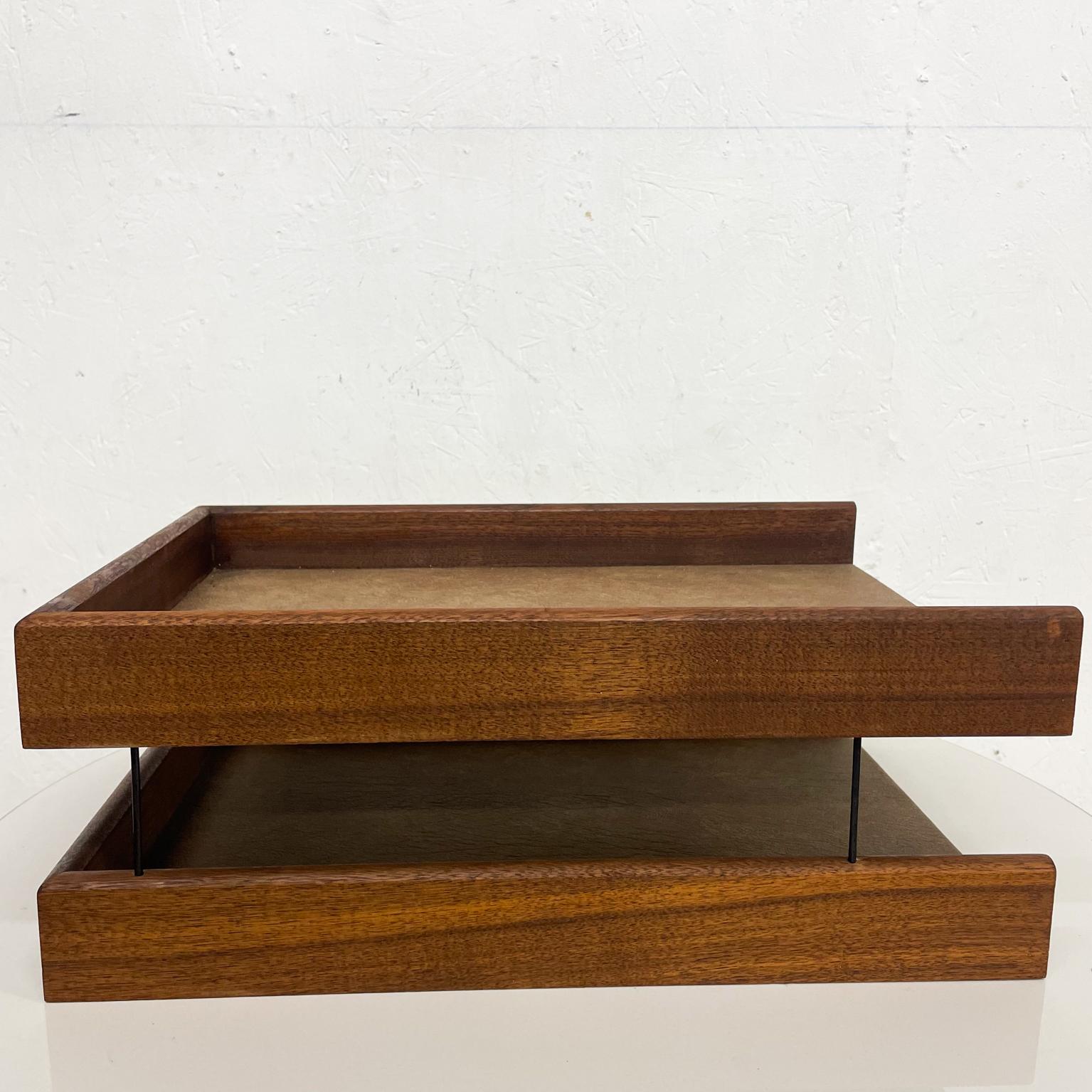 1970s Modern Two Tier Paper Tray Solid Walnut Wood and Bronze Desk Accessory 5