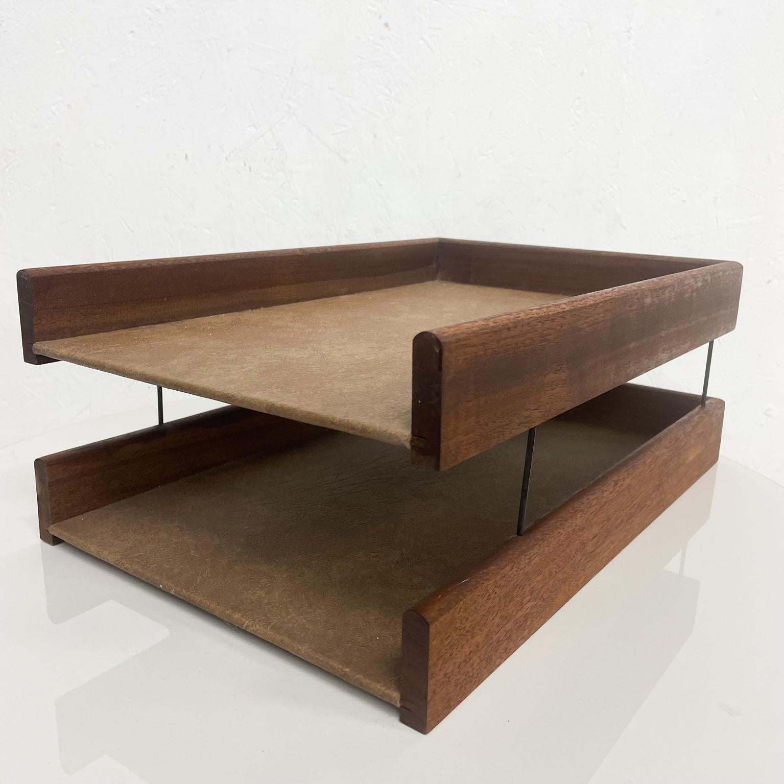 American 1970s Modern Two Tier Paper Tray Solid Walnut Wood and Bronze Desk Accessory