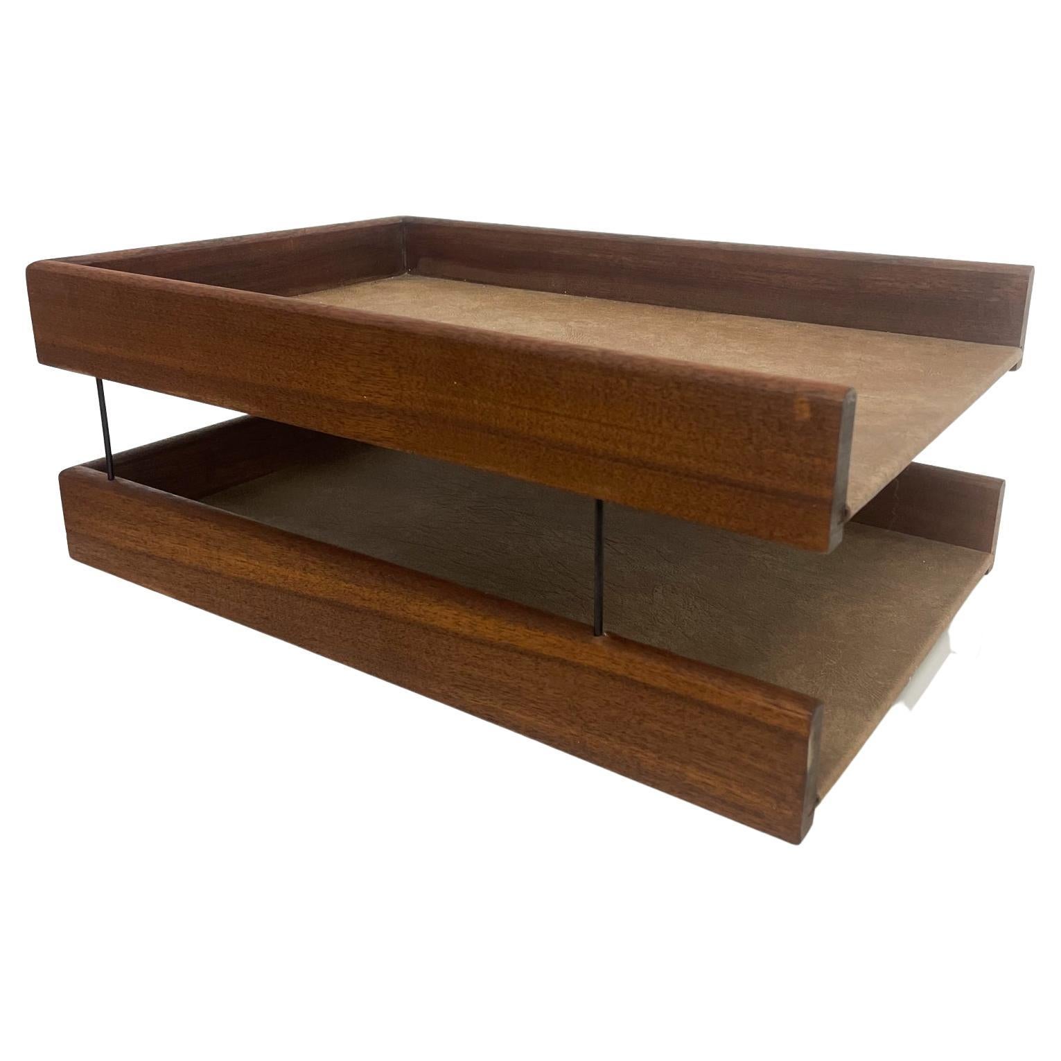 1970s Modern Two Tier Paper Tray Solid Walnut Wood and Bronze Desk Accessory