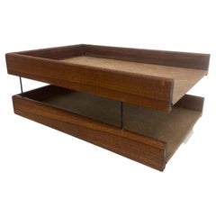 Retro 1970s Modern Two Tier Paper Tray Solid Walnut Wood and Bronze Desk Accessory