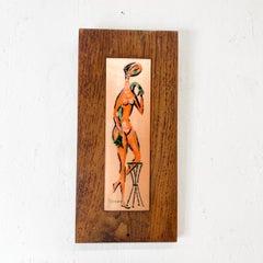 1970s Modernist Vintage Enamel Artwork Female Nude on Walnut Wood Signed