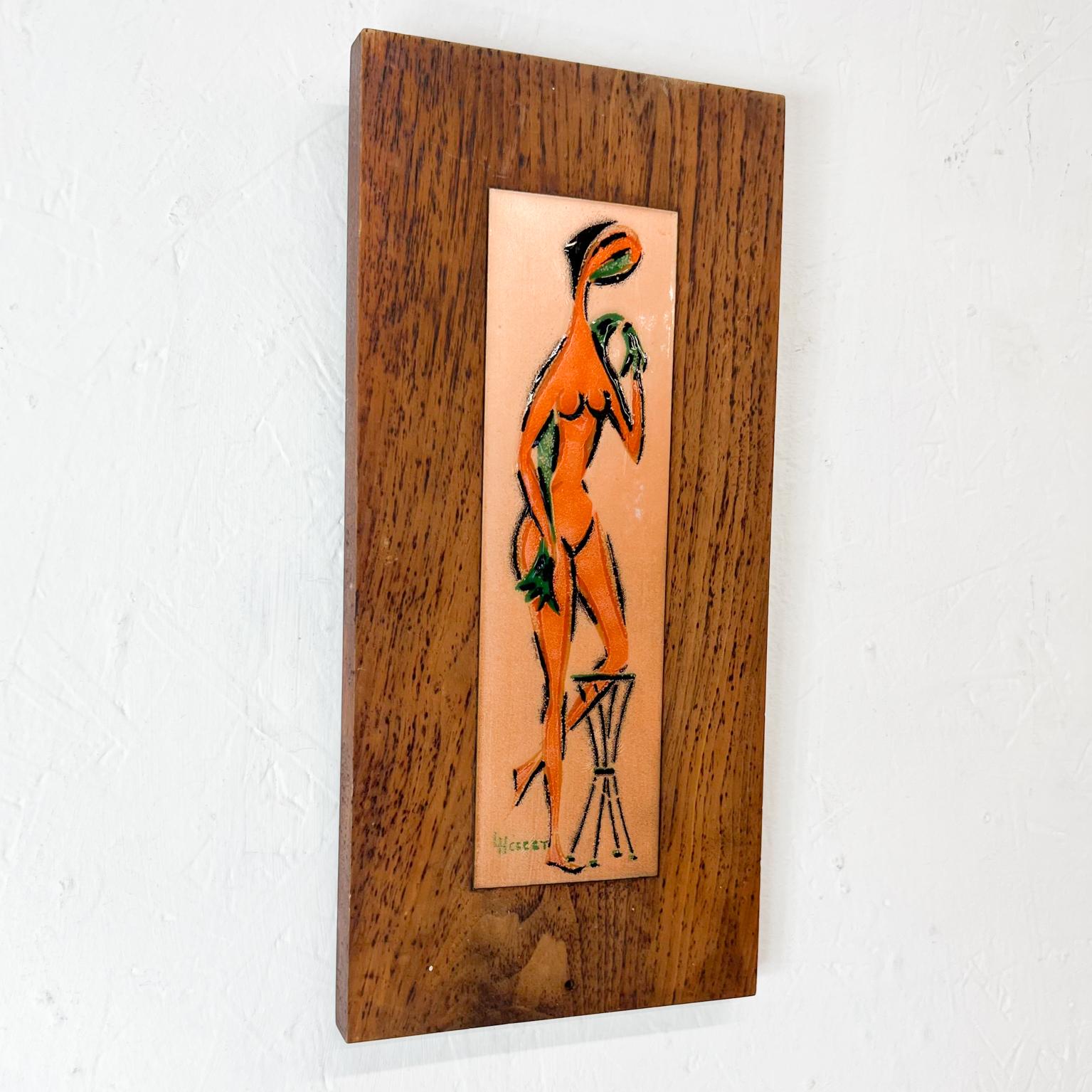 Mid-Century Modern 1970s Modernist Vintage Enamel Artwork Female Nude on Walnut Wood Signed