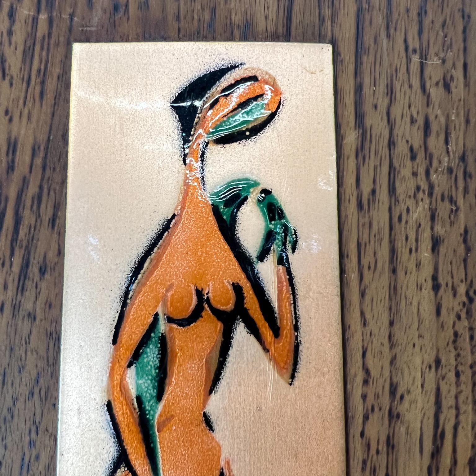 Late 20th Century 1970s Modernist Vintage Enamel Artwork Female Nude on Walnut Wood Signed