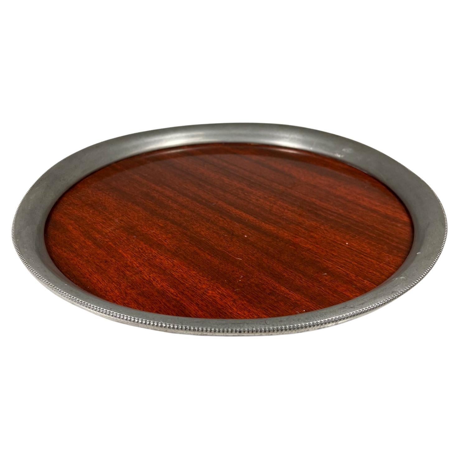 1970s Modern Vintage Revere Pewter Serving Tray Plate in Faux Wood For Sale