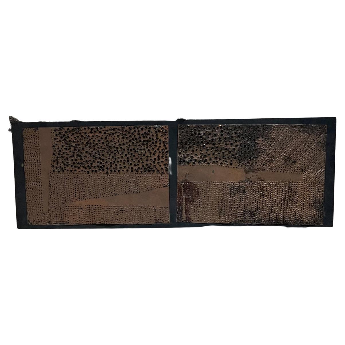 1970s Modern Wall Art Brutalist Perforated copper metal on Wood
In the style of Paul Vanders and Paul Evans
11.75 tall x 35 w x 1 d
Preowned original vintage condition unrestored.
Refer to images
Delivery to LA OC Palm Springs.