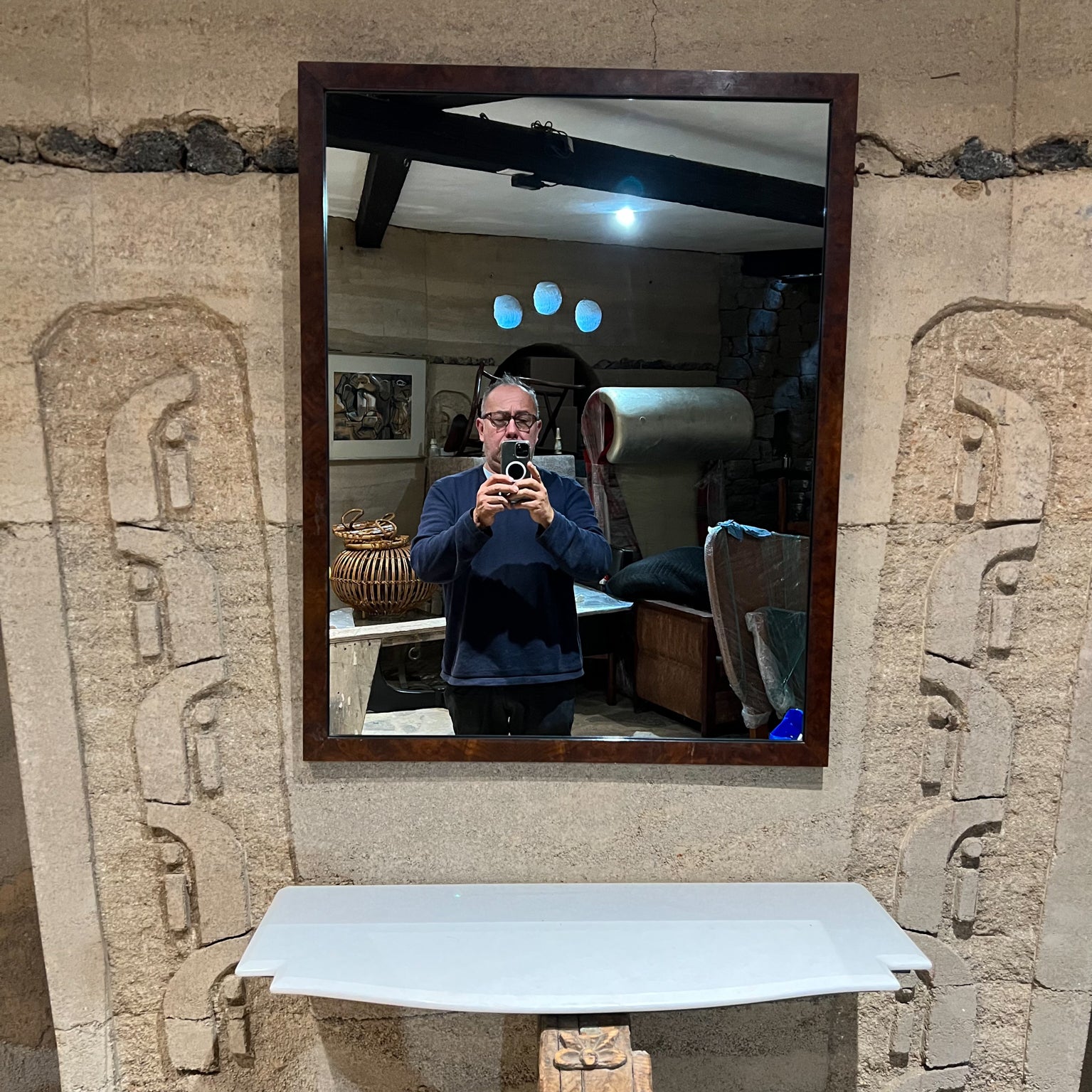 1970s Modern wall mirror framed in Burlwood Style of Milo Baughman
Unmarked
35.5 x 27.75 w x 1 thick
Preowned original vintage condition.
Refer to images provided
LA OC Palm Springs delivery.
 