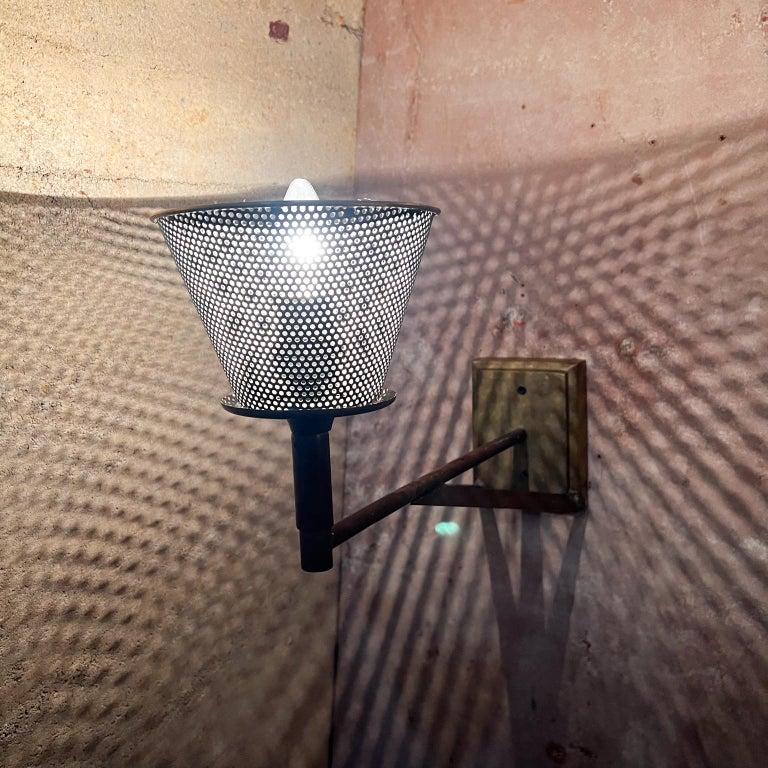 1970s Modern Wall Sconce Lamps Patinated Bronze Perforated Shade For Sale 8