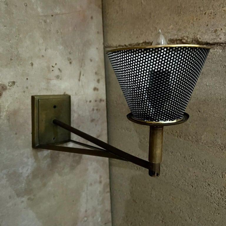 1970s Modern Wall Sconce Lamps Patinated Bronze Perforated Shade In Good Condition For Sale In Chula Vista, CA