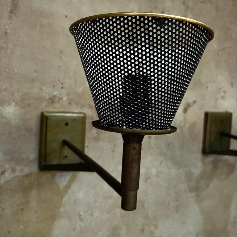 Late 20th Century 1970s Modern Wall Sconce Lamps Patinated Bronze Perforated Shade For Sale