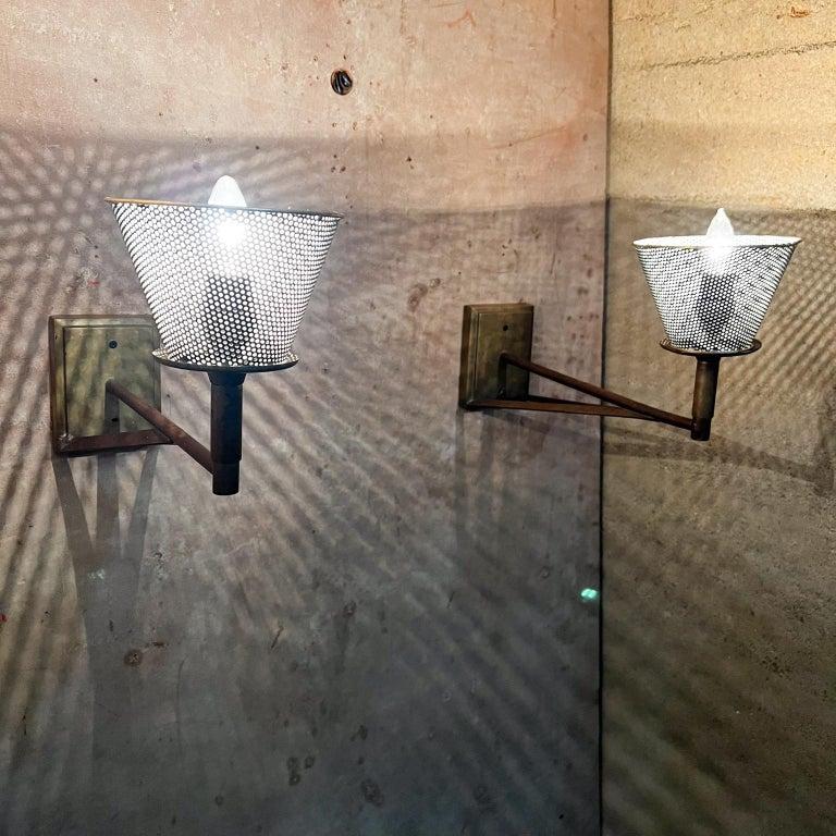1970s Modern Wall Sconce Lamps Patinated Bronze Perforated Shade For Sale 2