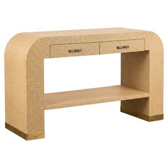 1970s Modern Waterfall Grasscloth Wrapped Console Table Or Desk - Springer Style