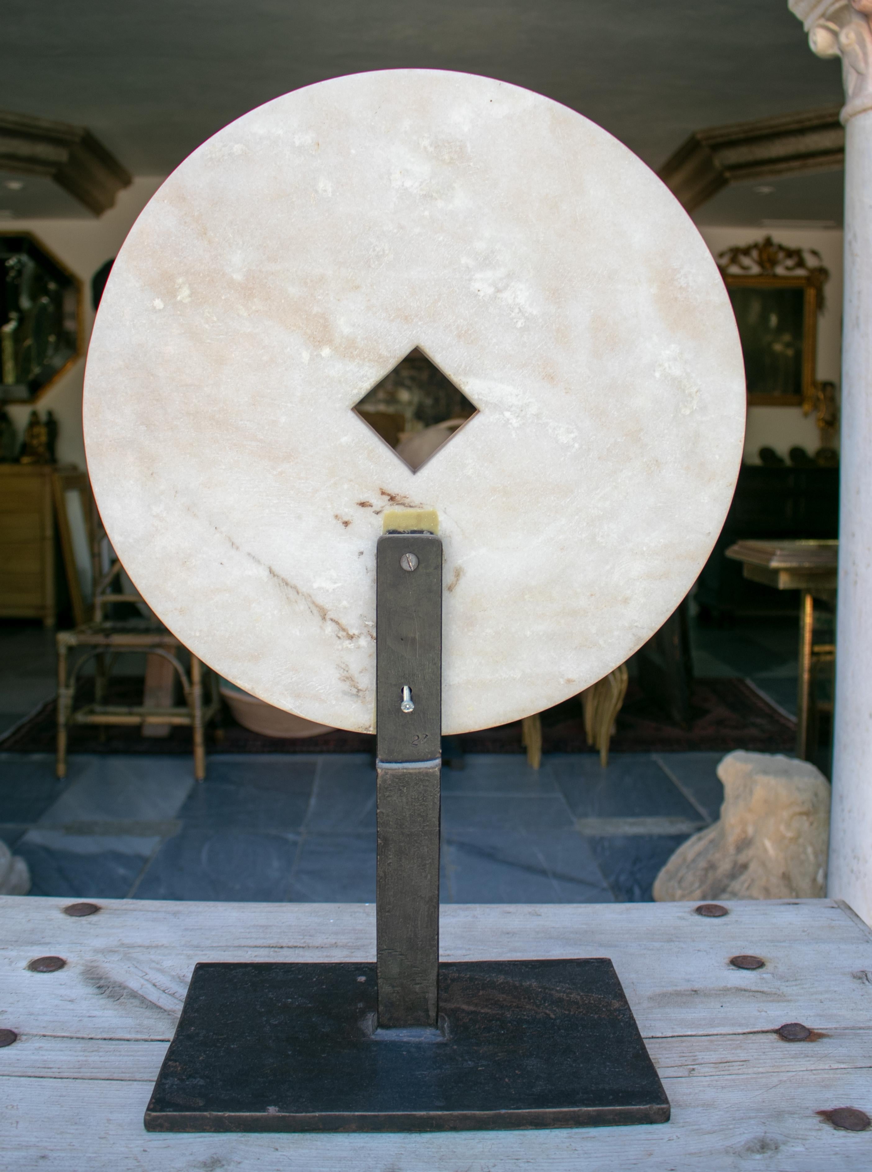 20th Century 1970s Modern White Marble French Sculpture in a Iron Base