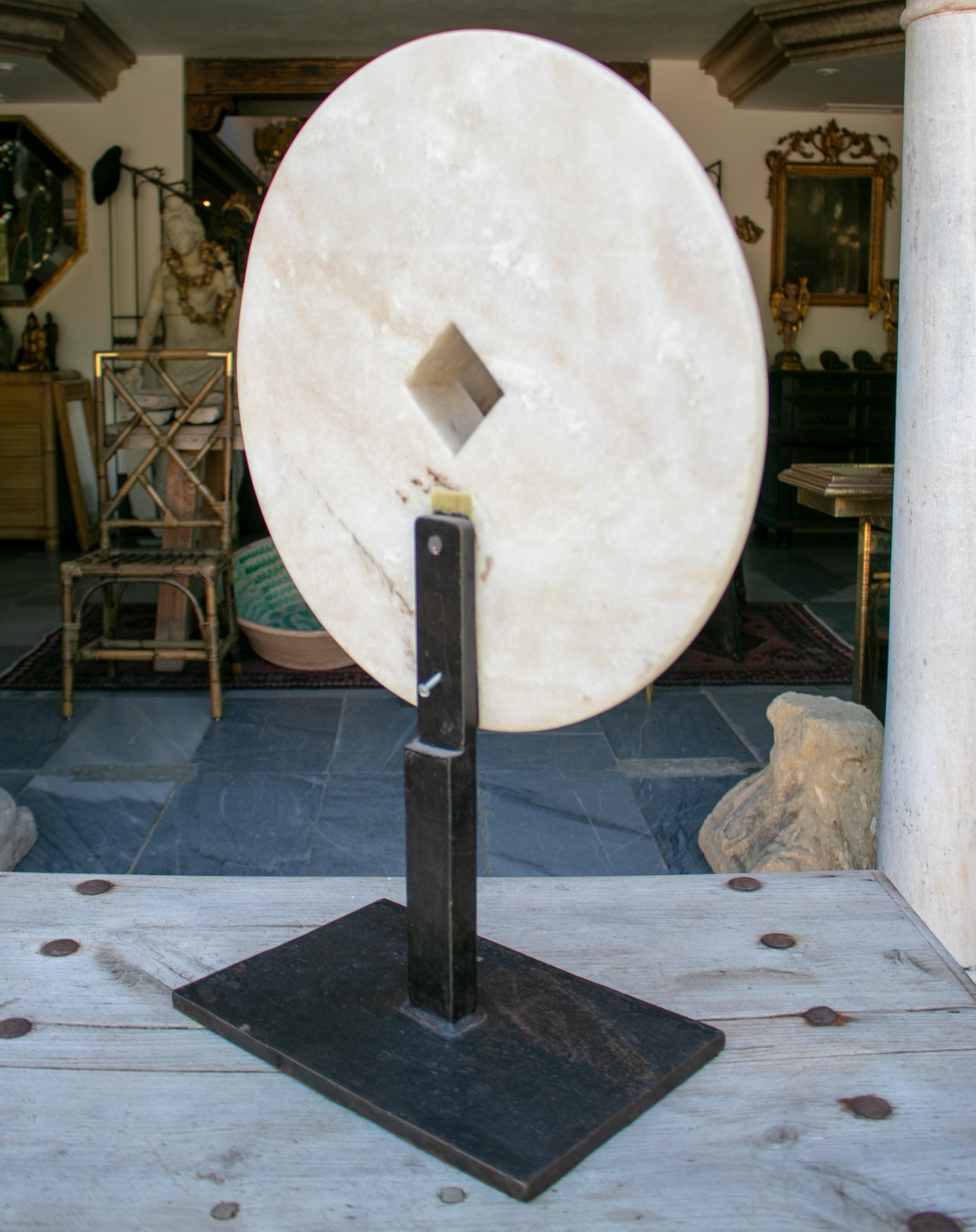 1970s Modern White Marble French Sculpture in a Iron Base 1