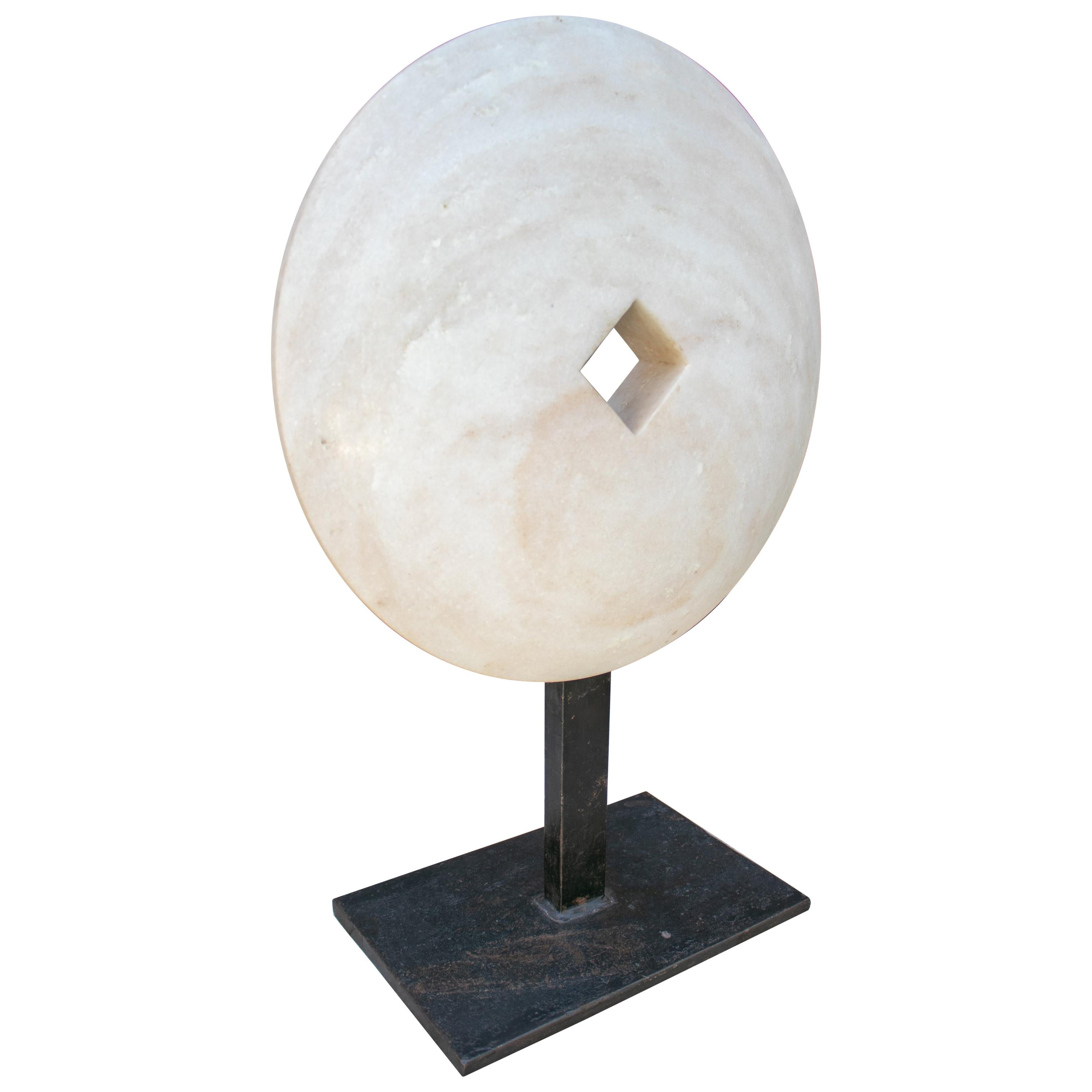 1970s Modern White Marble French Sculpture in a Iron Base