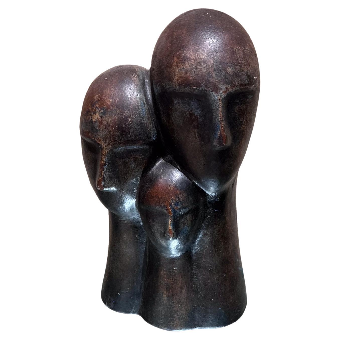 1970s Modernist 3-Head Sculpture Terracotta Bronze Art
