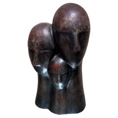 Vintage 1970s Modernist 3-Head Sculpture Terracotta Bronze Art