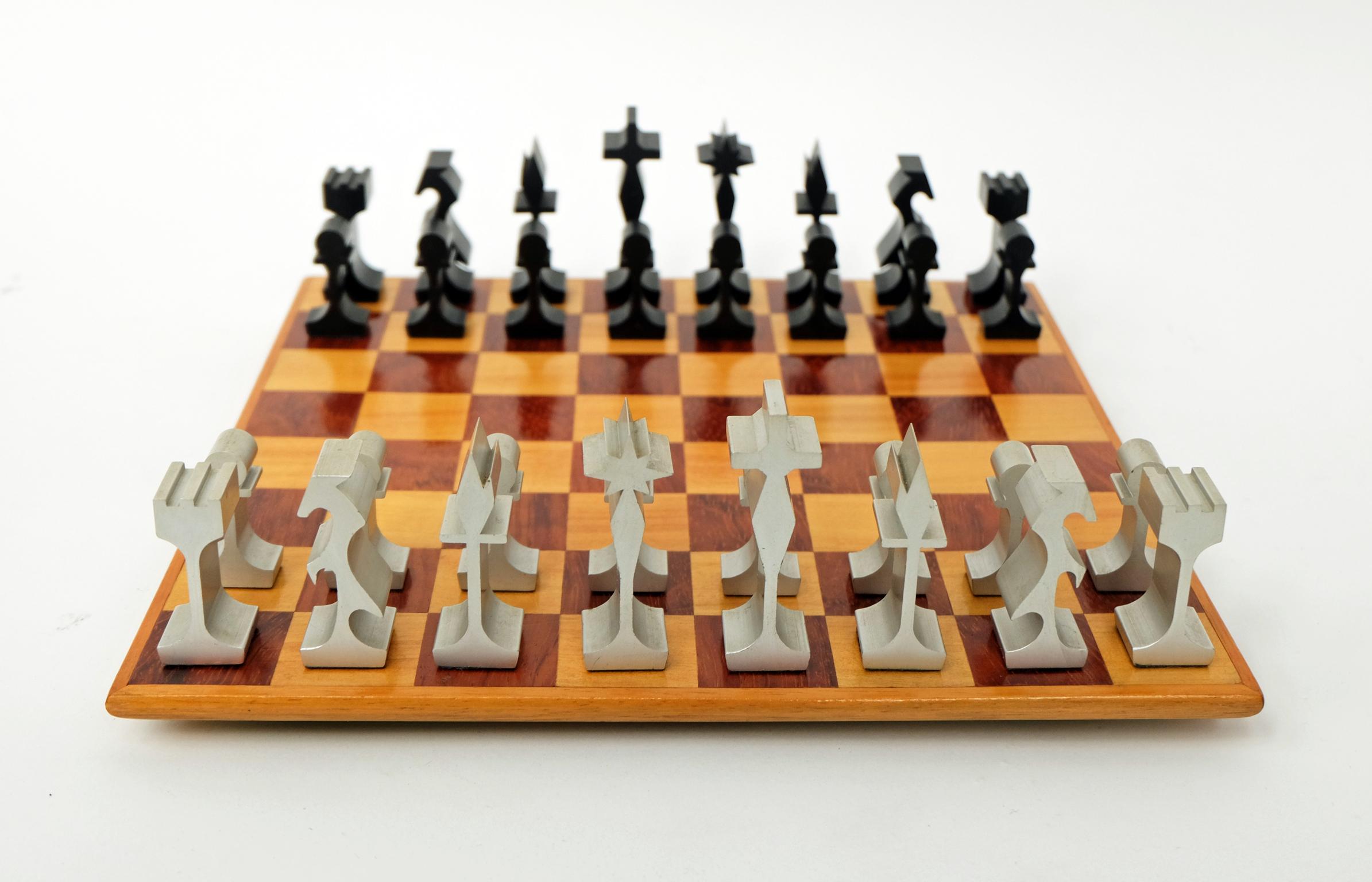 Mid-Century Modern 1970s Modernist Aluminum and Walnut Chess Set