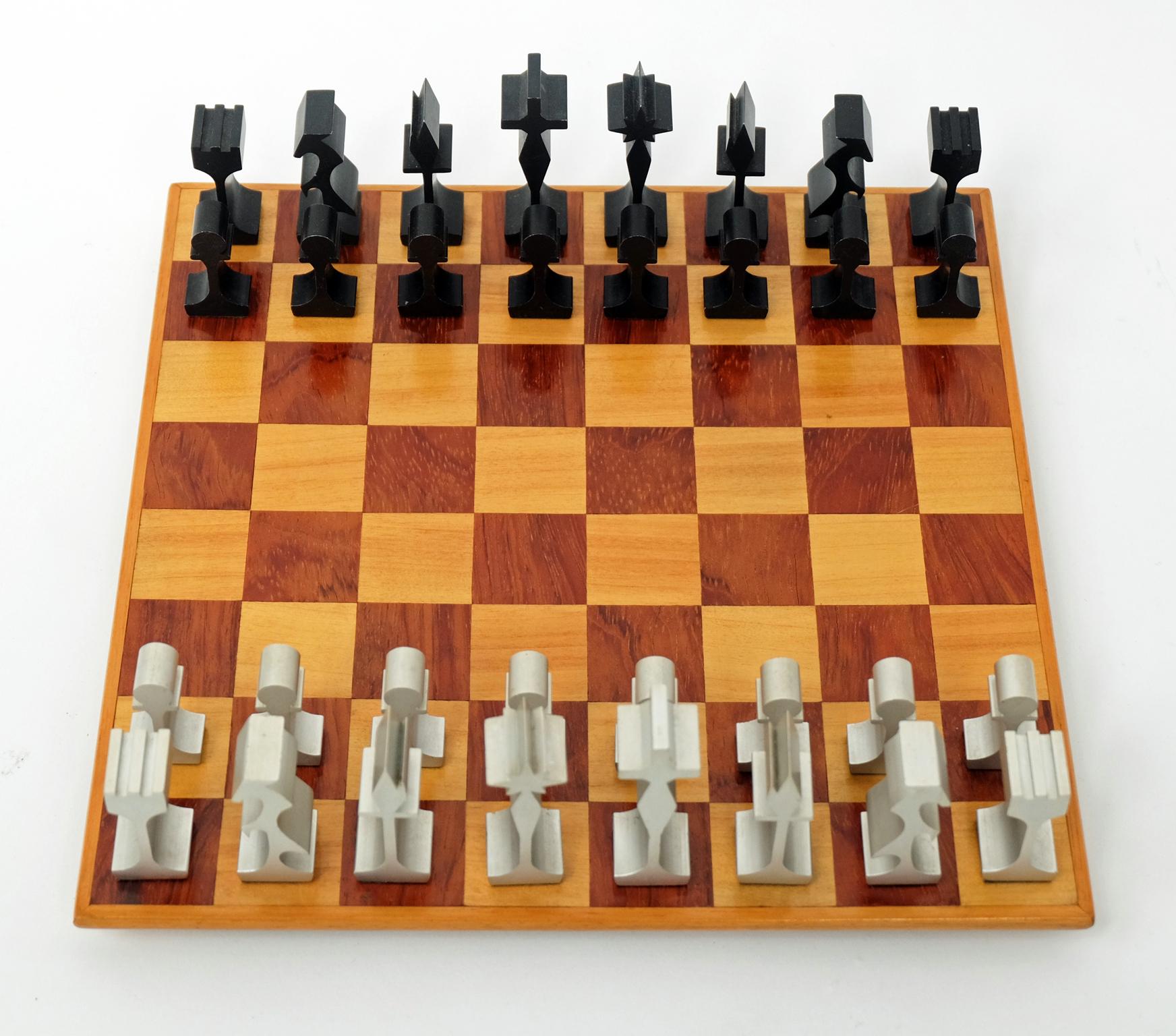 French 1970s Modernist Aluminum and Walnut Chess Set