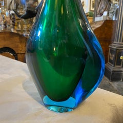 1970s Modernist Blue and Green Heavy Murano Glass Vase by Fabio Poli for Seguso