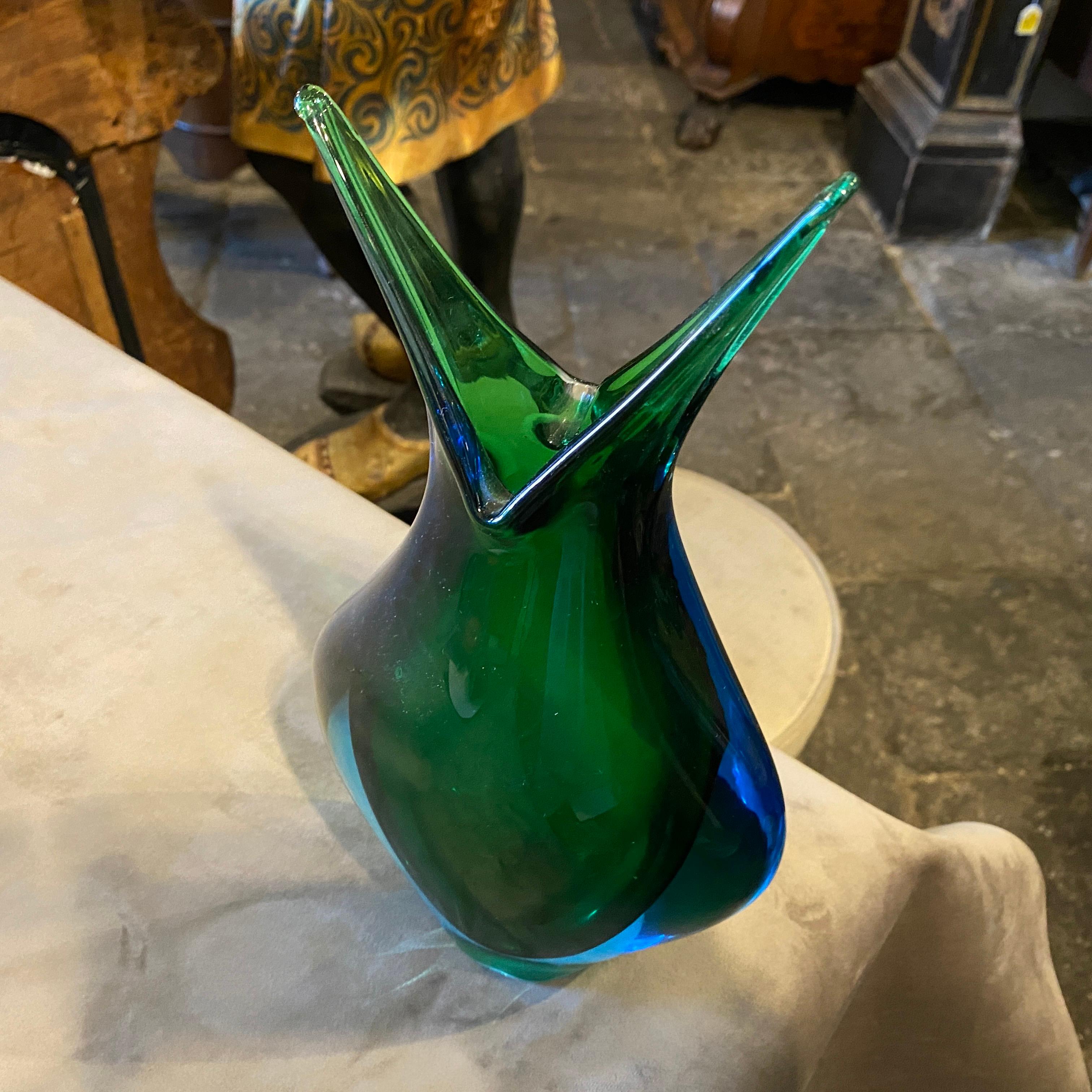 Italian 1970s Modernist Blue and Green Heavy Murano Glass Vase by Fabio Poli for Seguso