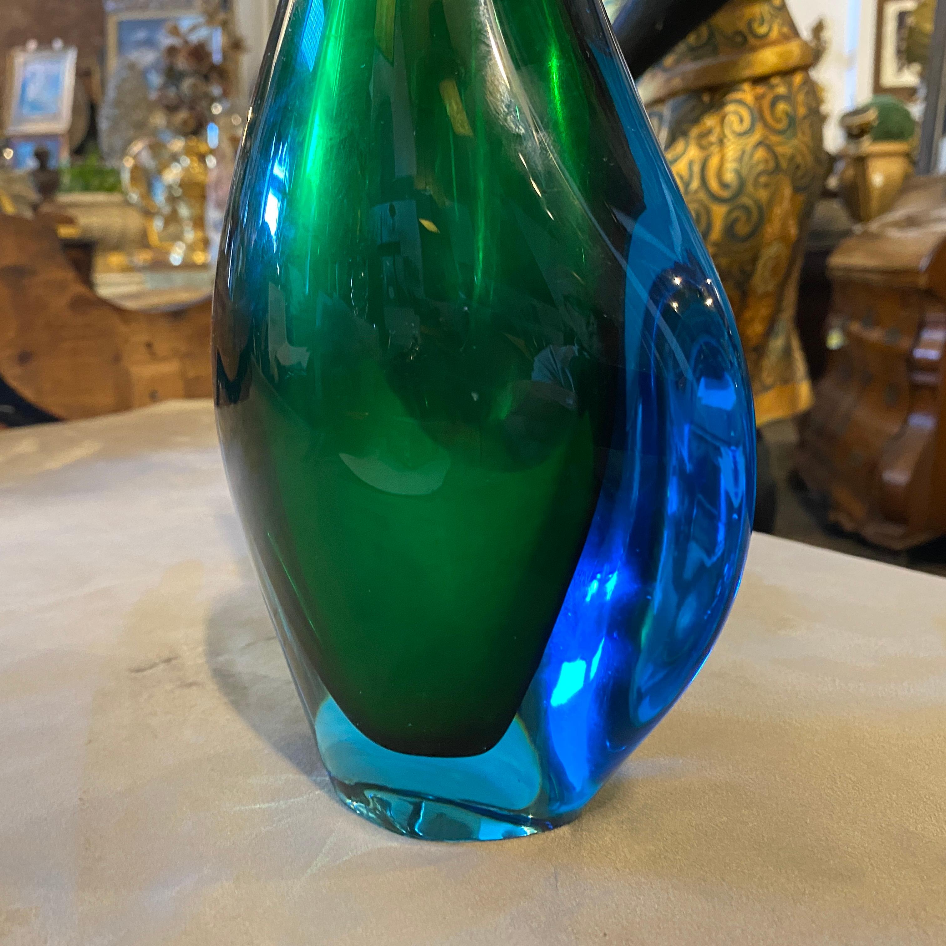 Hand-Crafted 1970s Modernist Blue and Green Heavy Murano Glass Vase by Fabio Poli for Seguso