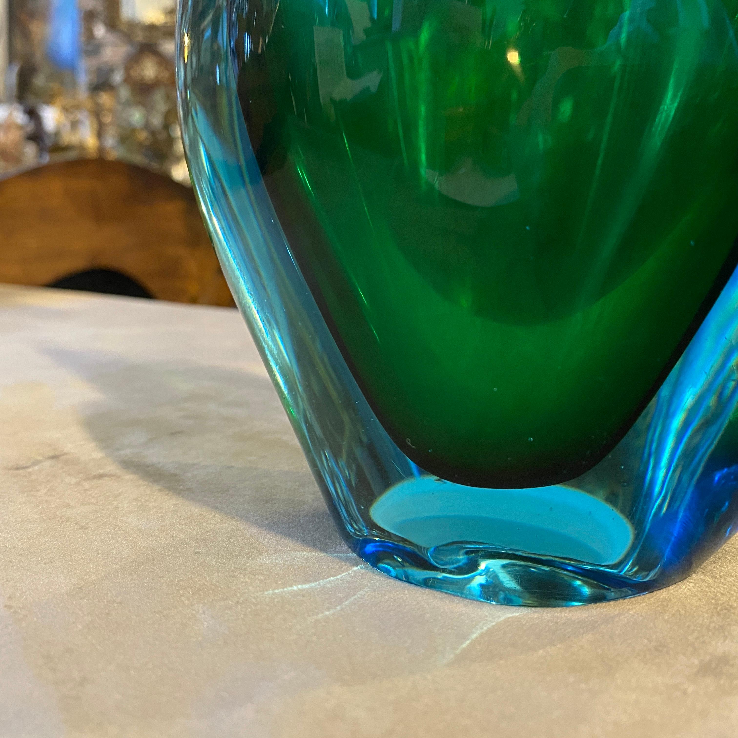 1970s Modernist Blue and Green Heavy Murano Glass Vase by Fabio Poli for Seguso In Good Condition In Aci Castello, IT