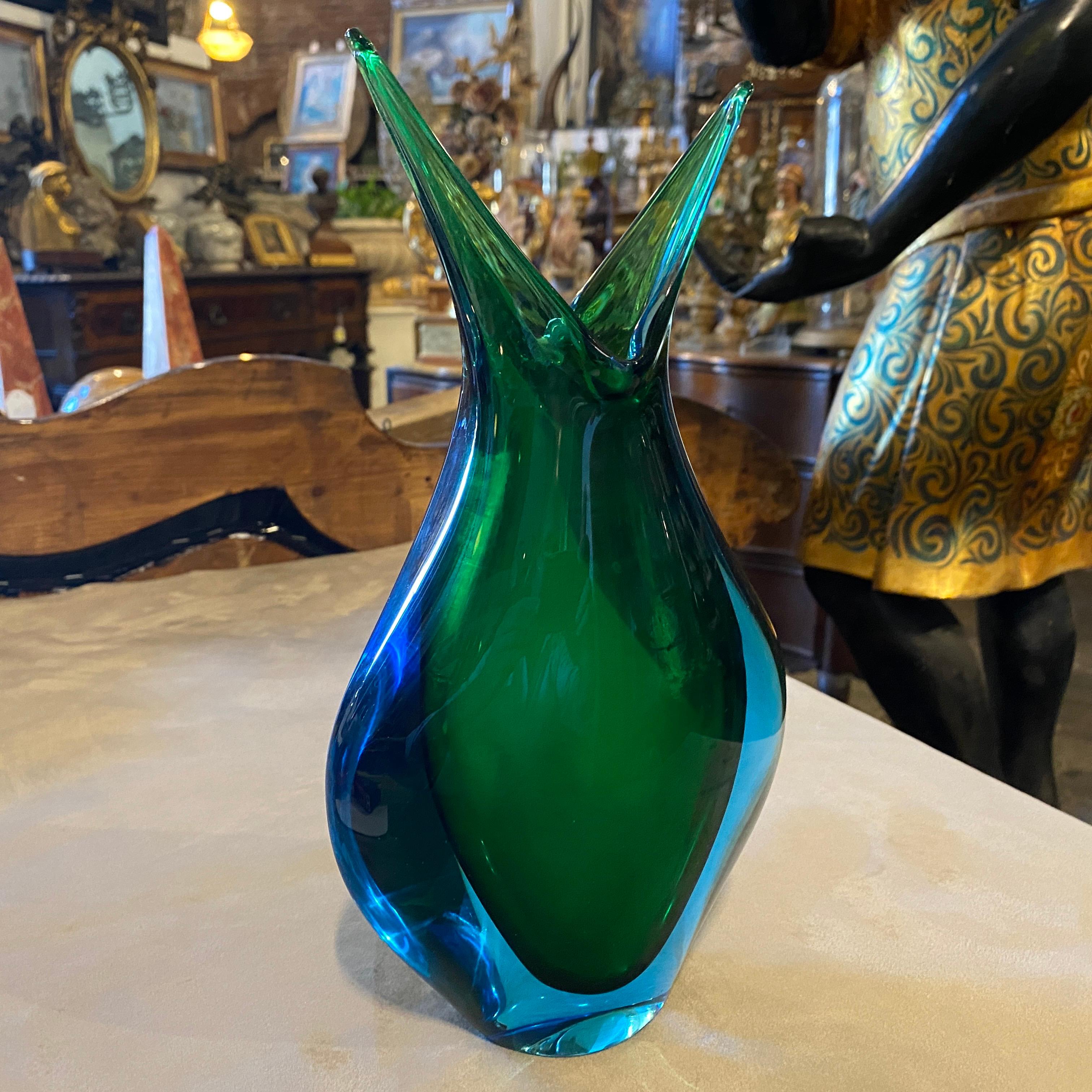 1970s Modernist Blue and Green Heavy Murano Glass Vase by Fabio Poli for Seguso 1