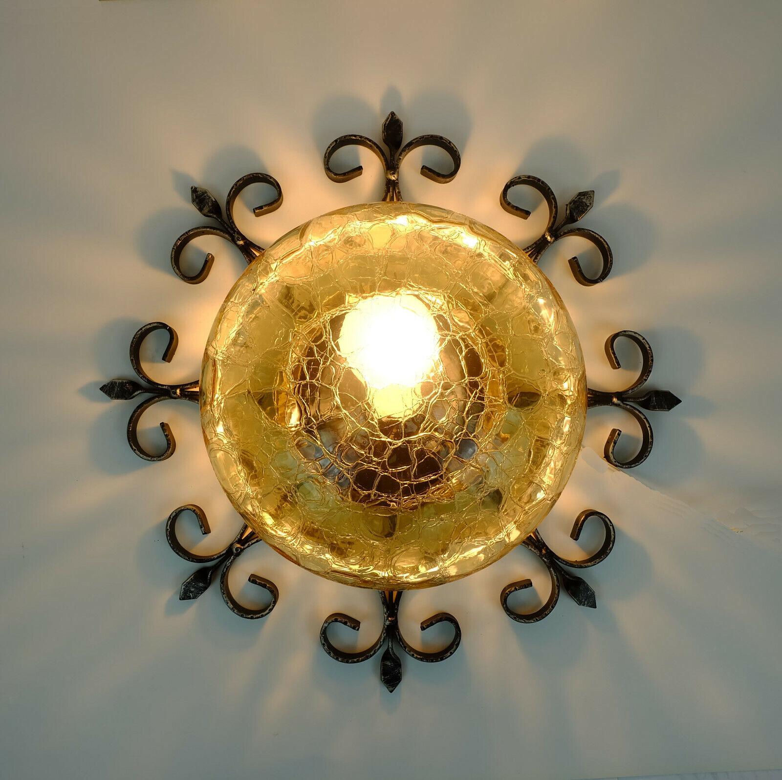 1970s Modernist Brutalist Wall Lamp Sconce Wrought Iron and Amber Glass For Sale 3