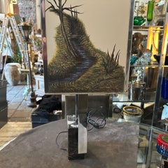 1970s Modernist Chromed Metal and Marble Table Lamp with Hand Painted Lampshade