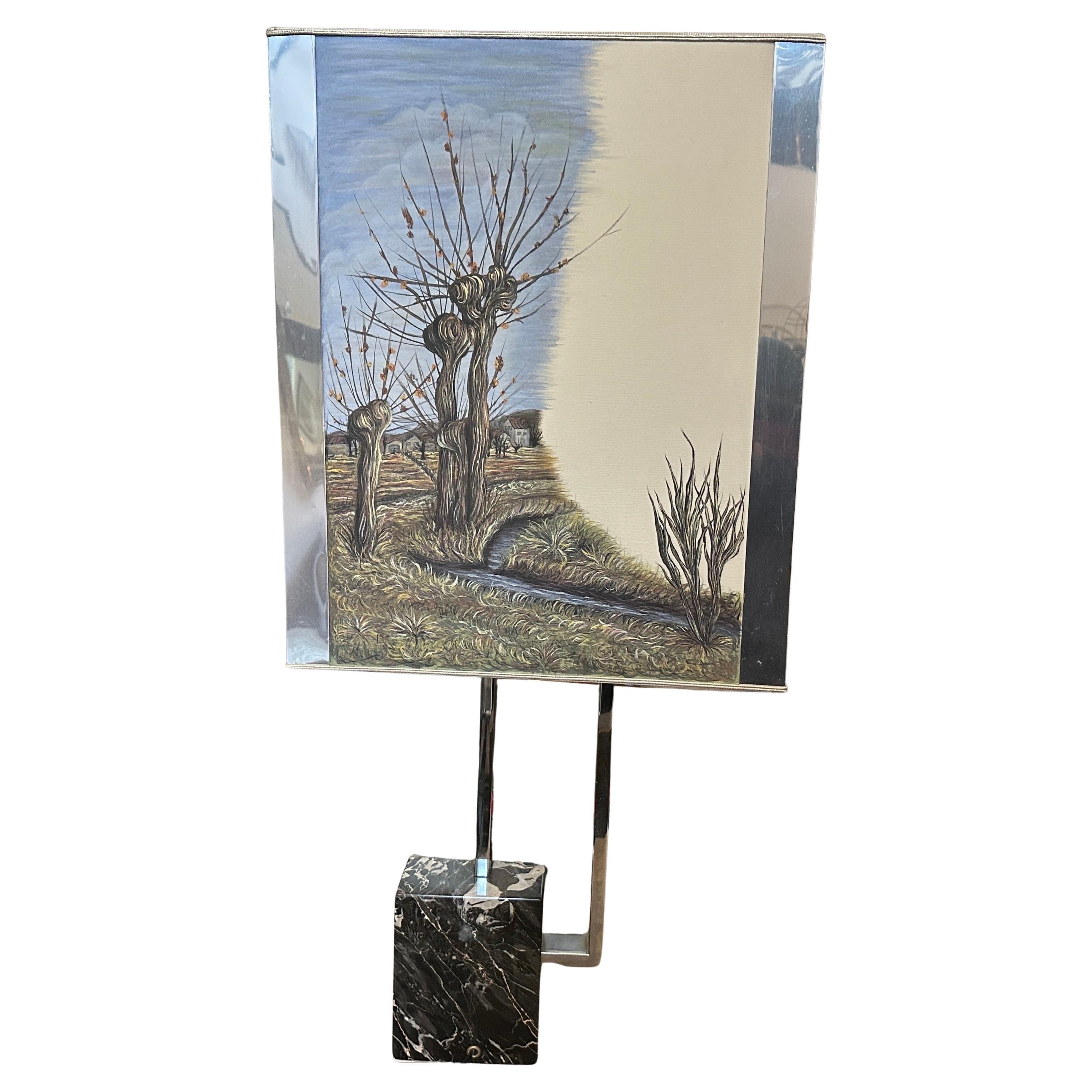 Lampada da tavolo modernista degli anni '70 in metallo cromato e marmo con paralume dipinto a mano in vendita