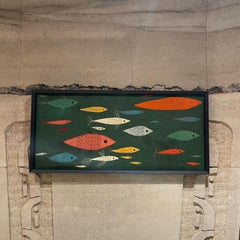 1970s Modernist Colorful School of Fish Art Wall Tapestry Framed in Black