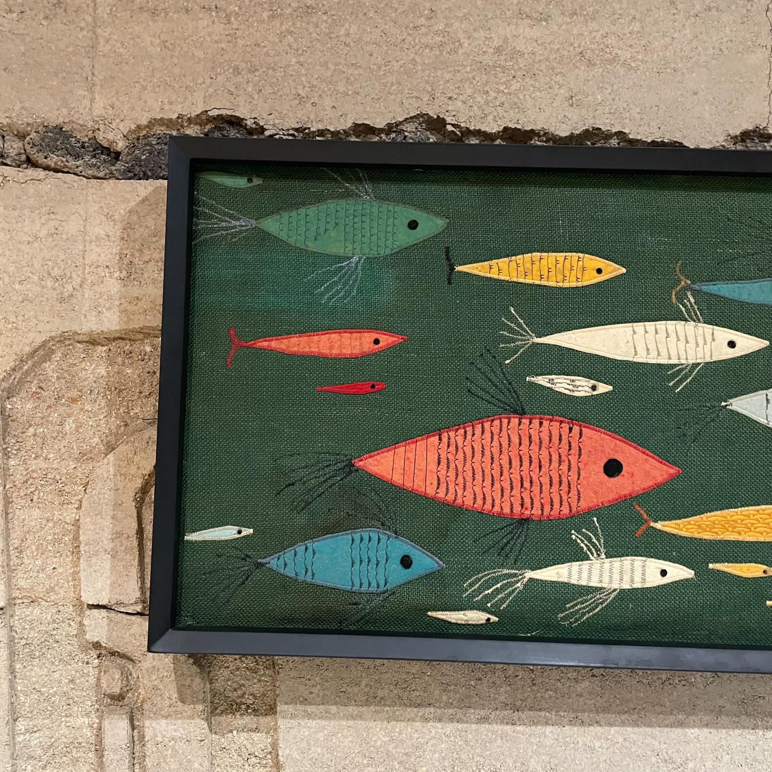 Mid-Century Modern 1970s Modernist Colorful School of Fish Art Wall Tapestry Framed in Black