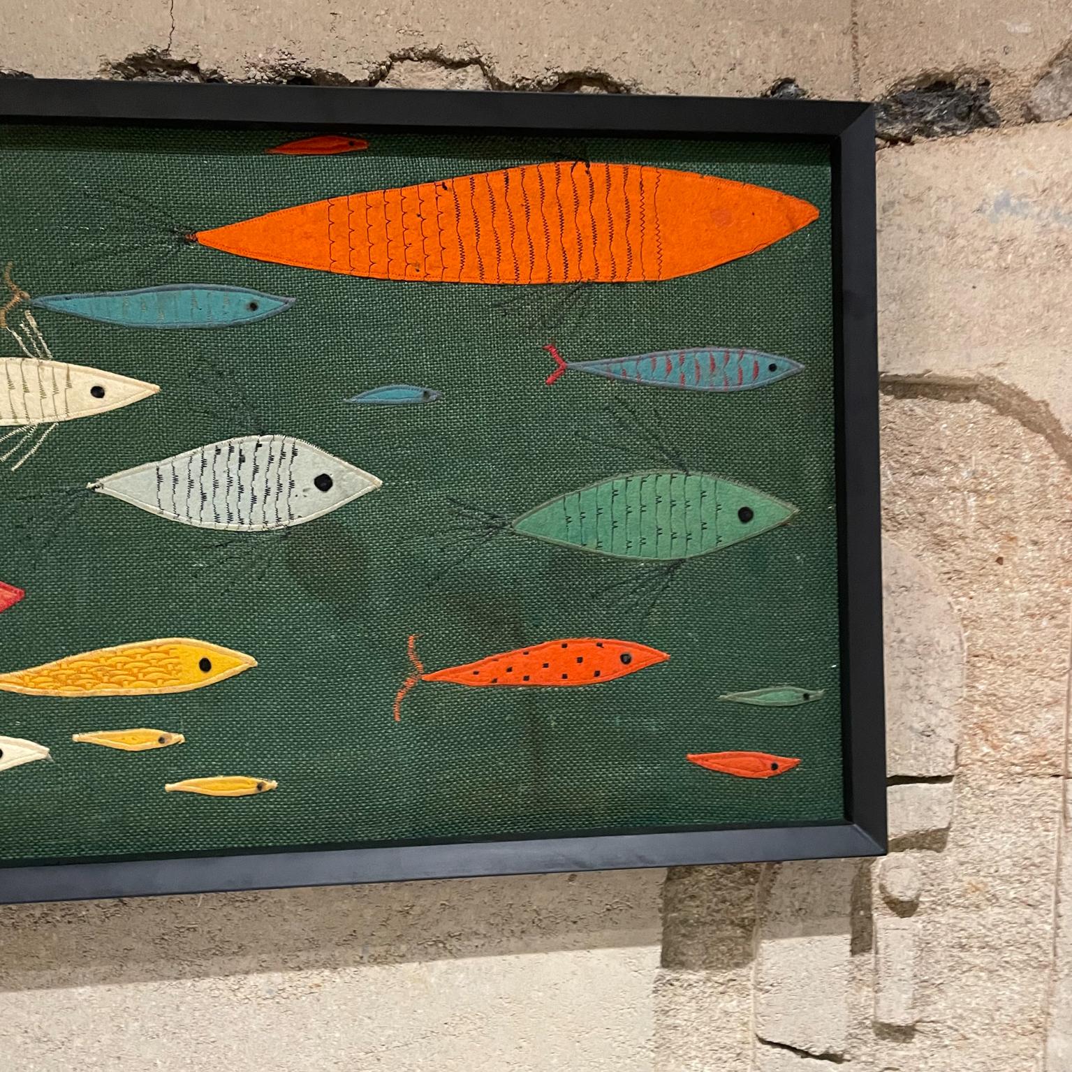 Textile 1970s Modernist Colorful School of Fish Art Wall Tapestry Framed in Black