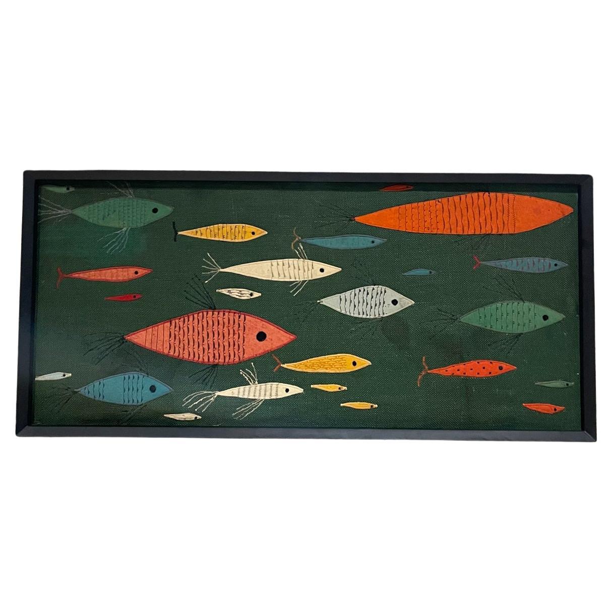 1970s Modernist Colorful School of Fish Art Wall Tapestry Framed in Black