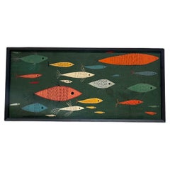 1970s Modernist Colorful School of Fish Art Wall Tapestry Framed in Black