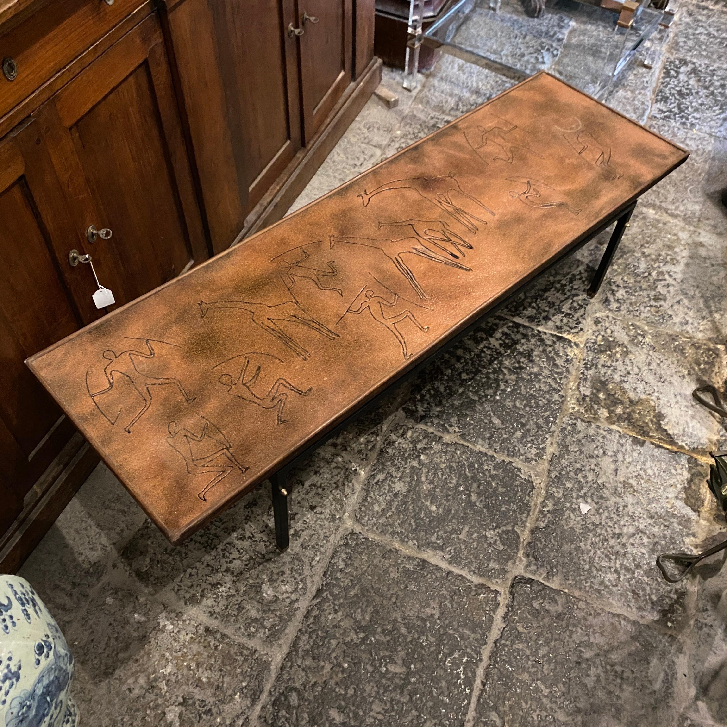 1970s Modernist Engraved Copper and Iron Rectangular Italian Side Table 10