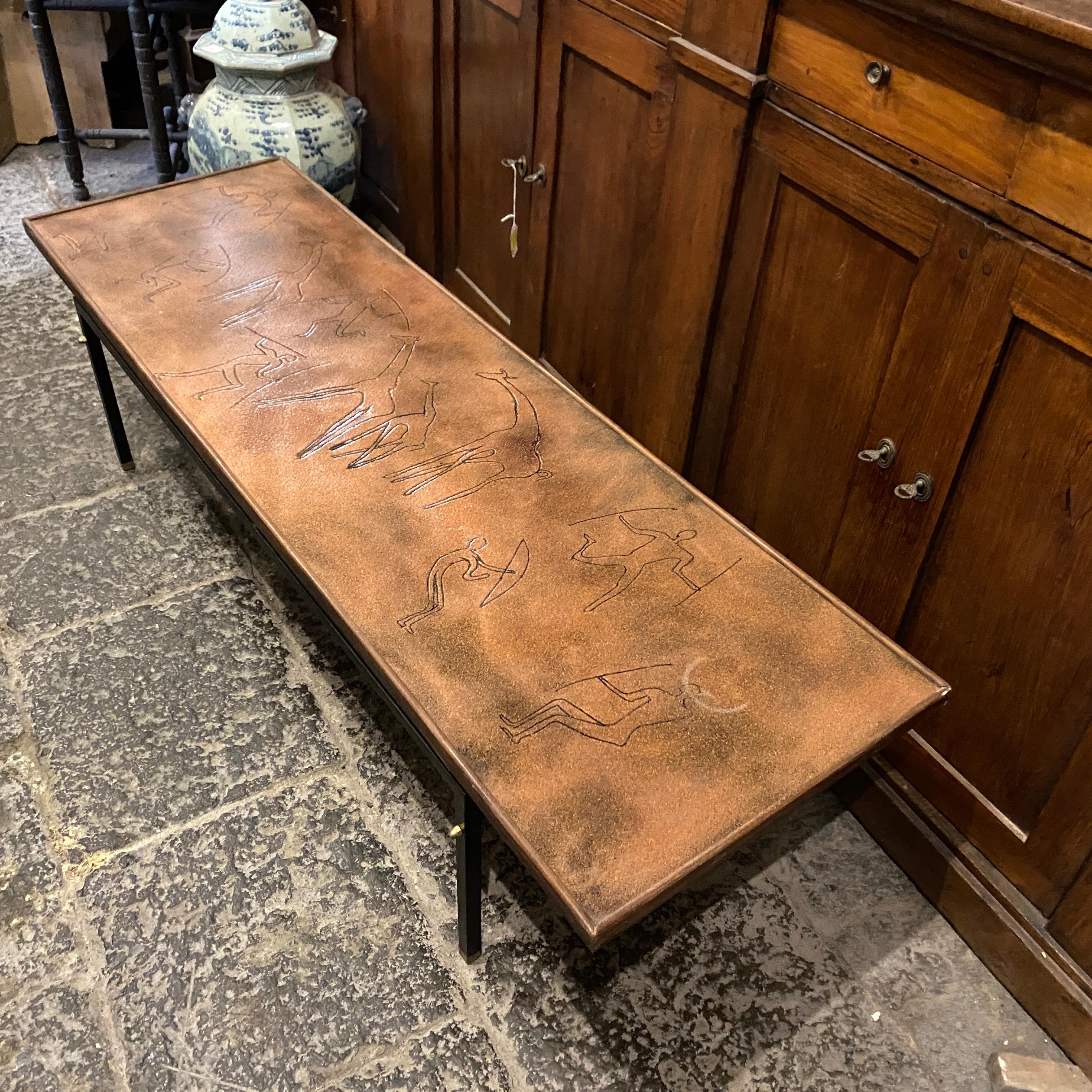 Mid-Century Modern 1970s Modernist Engraved Copper and Iron Rectangular Italian Side Table