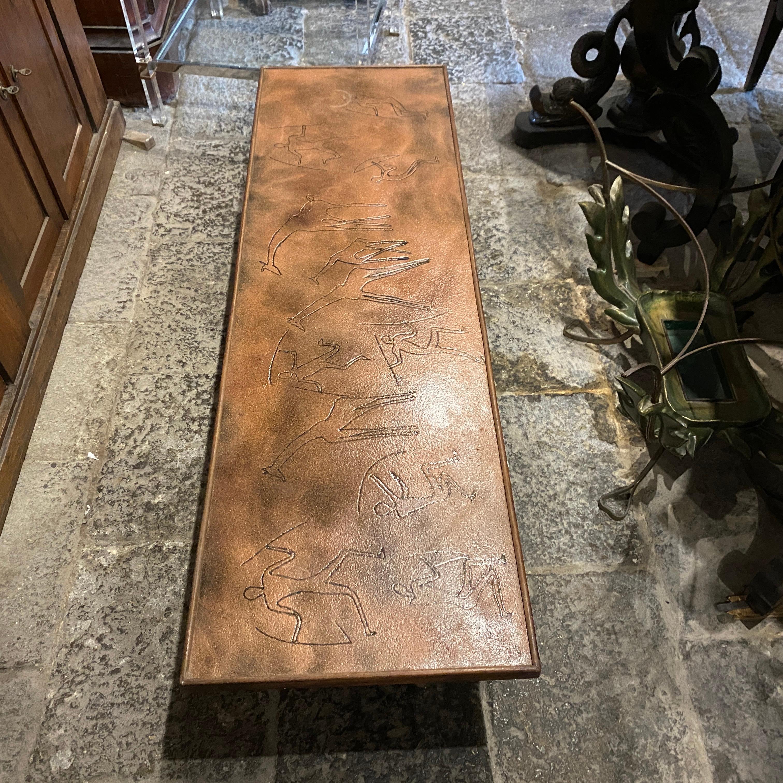 20th Century 1970s Modernist Engraved Copper and Iron Rectangular Italian Side Table