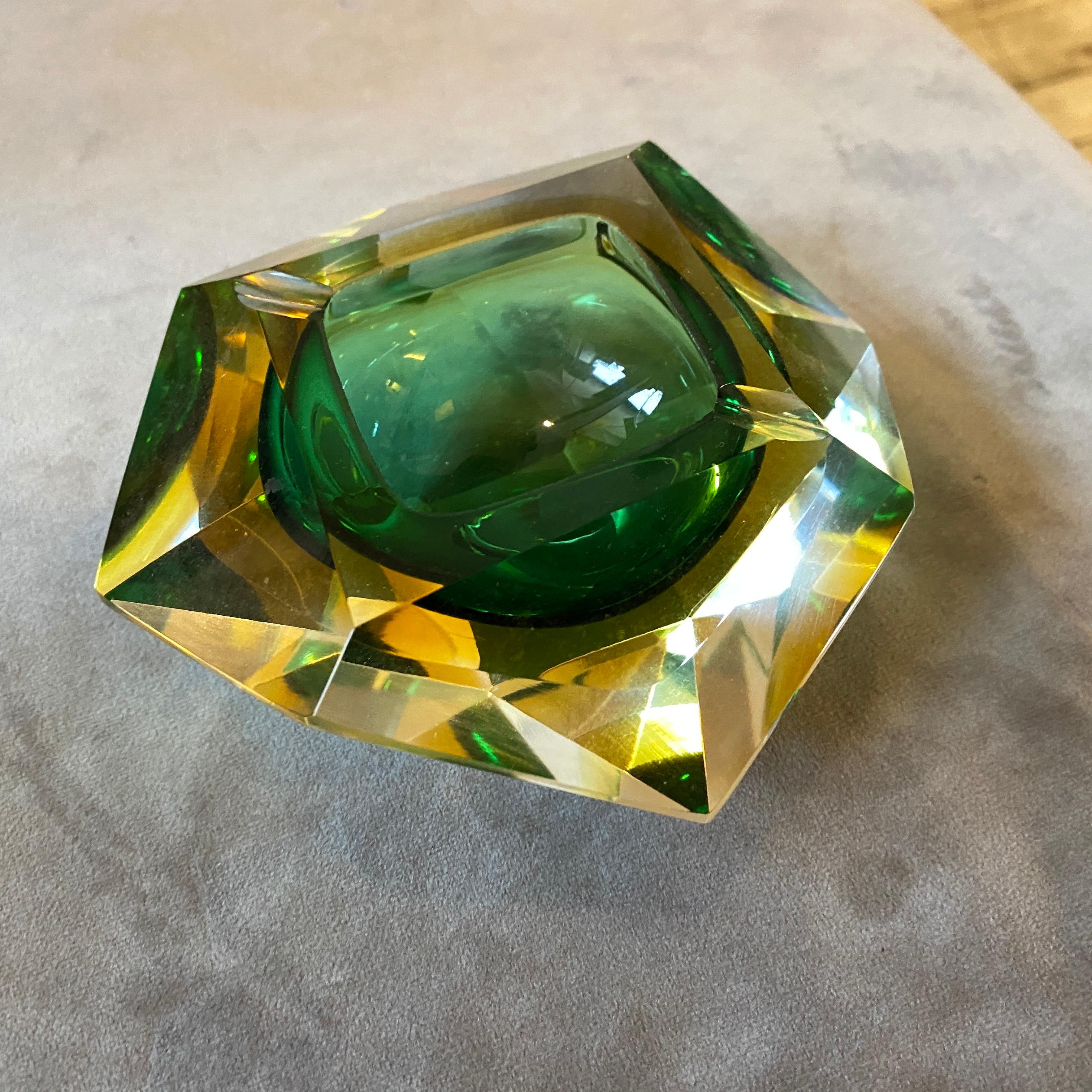 Space Age 1970s Modernist Faceted Yellow and Green Sommerso Murano Glass Ashtray by Seguso